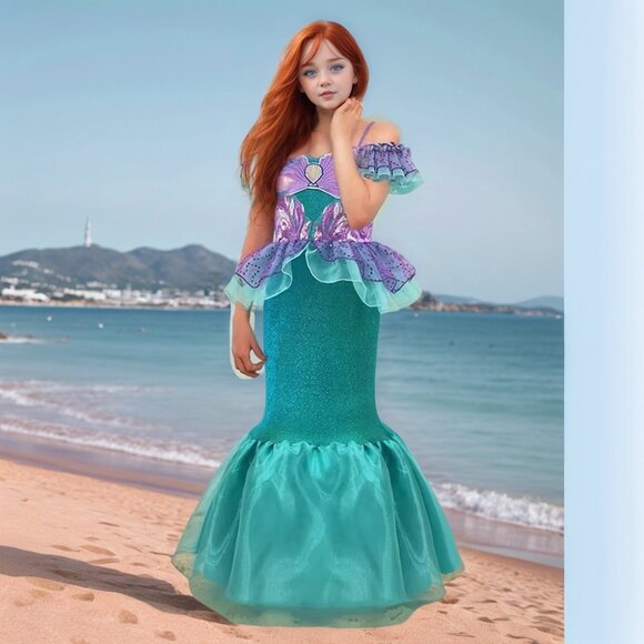 Mermaid Princess Dress - Turquoise and Purple Seashell Gown With Acessories"